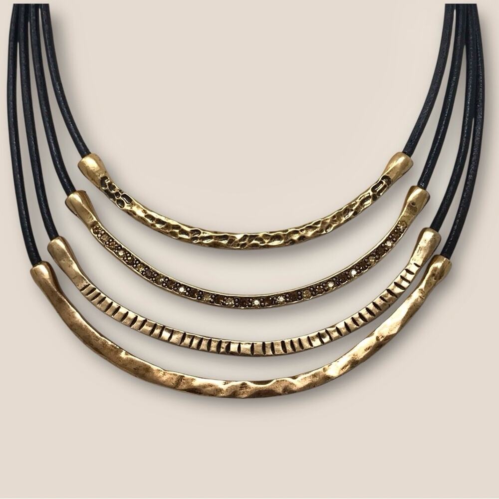 Bib Gold & Black Necklace 4 Tiers Brass and Leather with Amber Rhinestones